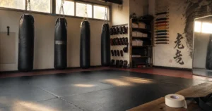 empty martial arts training studio with punching bags and equipment