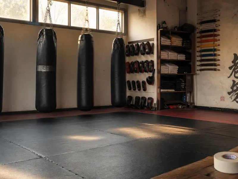 empty martial arts training studio with punching bags and equipment