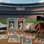 A display of sports cards, a baseball, and a figurine on a table in a stadium setting.