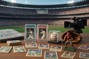 A display of sports cards, a baseball, and a figurine on a table in a stadium setting.