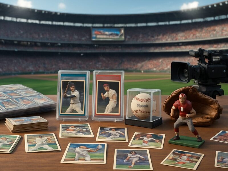 A display of sports cards, a baseball, and a figurine on a table in a stadium setting.
