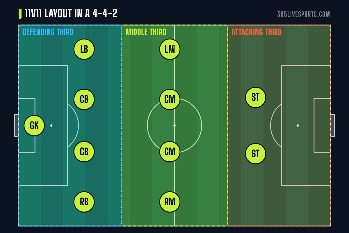 11v11 soccer positions field layout: a 4-4-2 shown across the defending, middle and attacking thirds