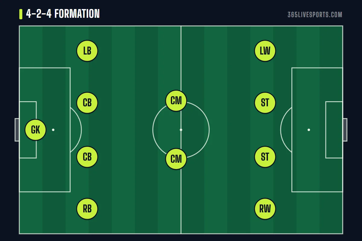 4-2-4 formation diagram with a back four, two central midfielders, two wingers and two strikers