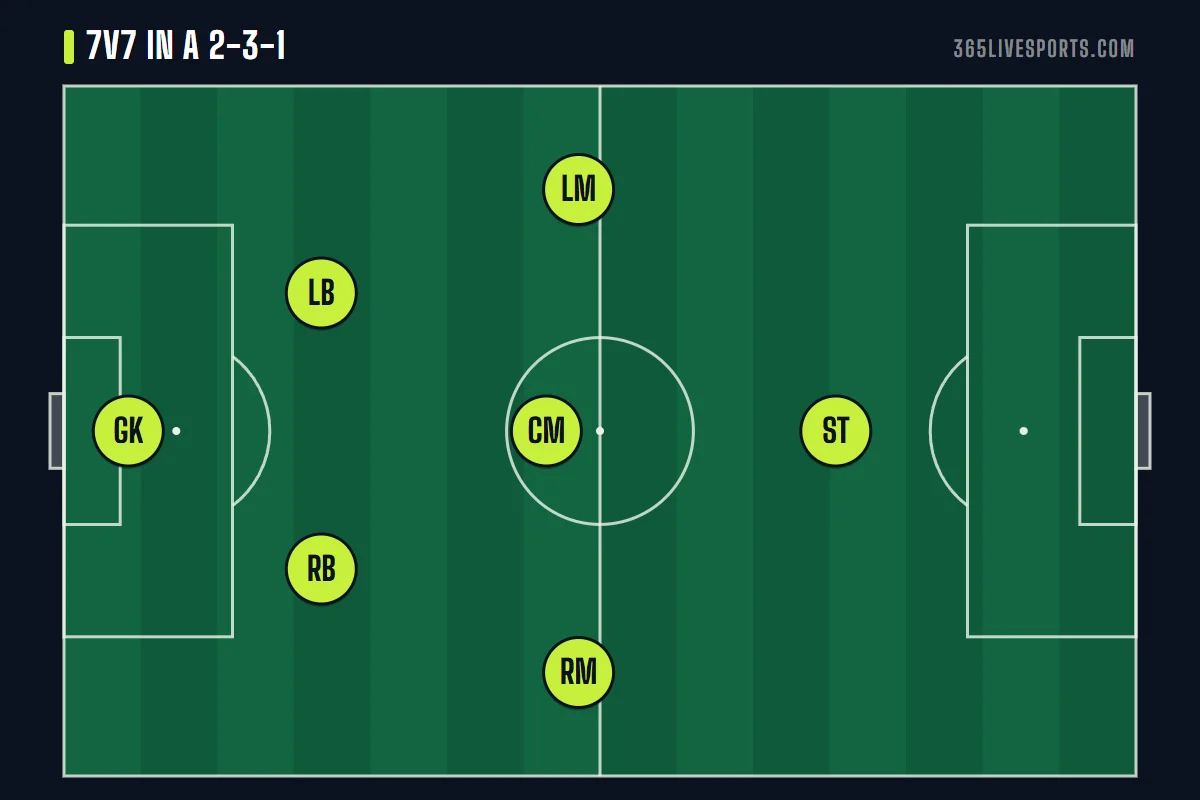7v7 soccer positions diagram in a 2-3-1 with a goalkeeper, two defenders, three midfielders and a forward