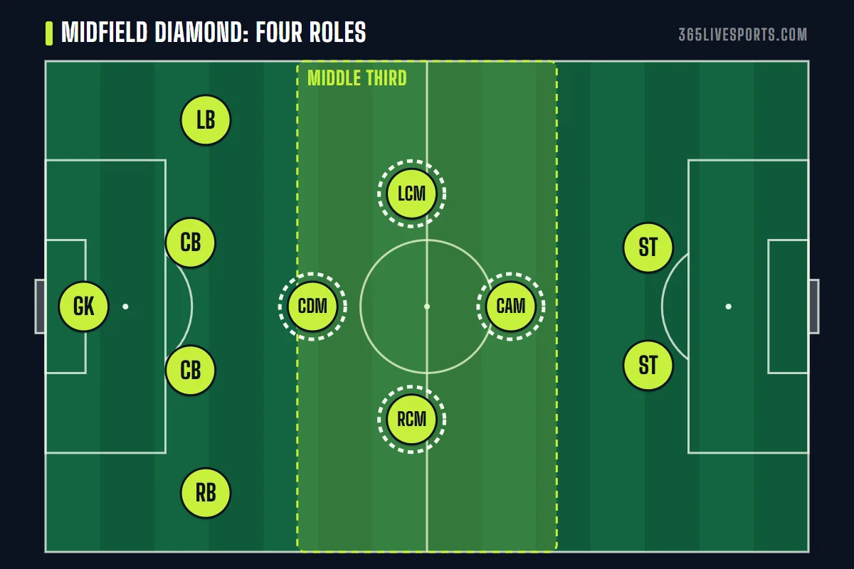Soccer midfield positions diagram: CDM, left and right central midfielders and CAM highlighted in a diamond shape